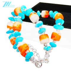 Made Of S925 Silver And Natural Sterling Treatment Turquoise This Double Layer Bracelet Is Paired With Orange Spiny Oyster