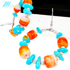 Earrings Are Made Of Natural Sterling Treatment Turquoise And Orange Spiny Oyster Decorated With Threaded Silver Beads