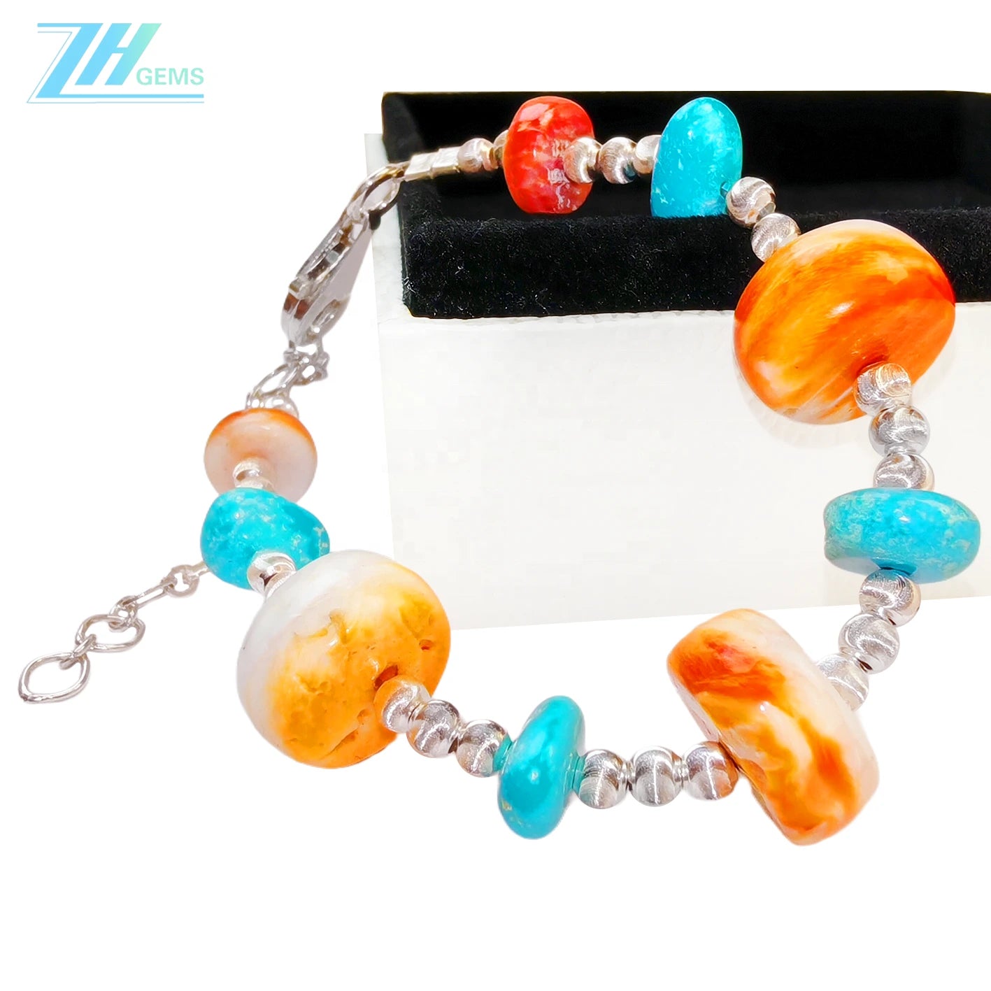 Made Of S925 Silver And Natural Sterling Treatment Turquoise This Bracelet Is Paired With Orange Spiny Oyster