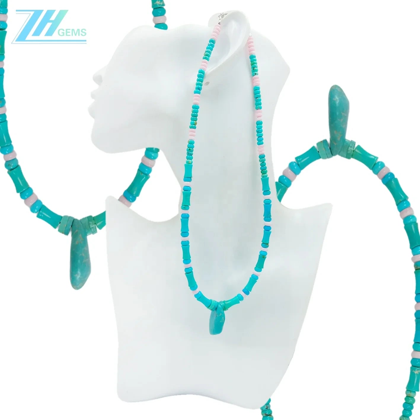 Natural Turquoise And Pink Opal Green Pink Color Roundle With Bamboo Shape Handmade Necklace Simple Atmosphere Jewelry For Gift