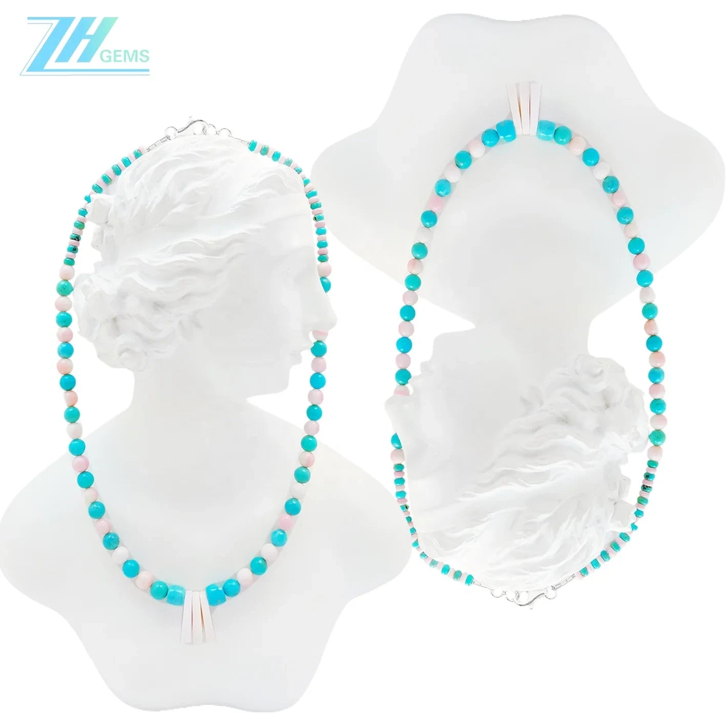 16inch Natural Turquoise And Pink Opal Round Beads Gemstone Necklace Beautiful Jewelry Blue And Pink Color