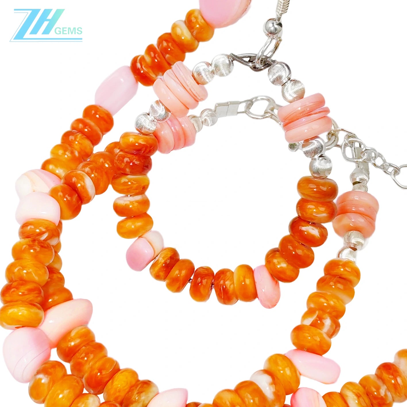 Here Comes The Charming Set! The Necklace Earrings And Bracelet Are All Made Of Orange Spiny Oyster And S925 Silver