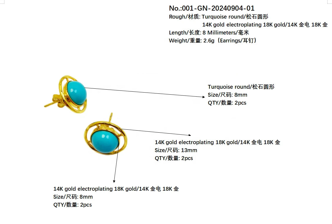 14k Gold Electrolysis 18k Gold Natural Electrolytic Turquoise Round Earrings Sleeping Beauty Mine Jewelry For Women For Lover