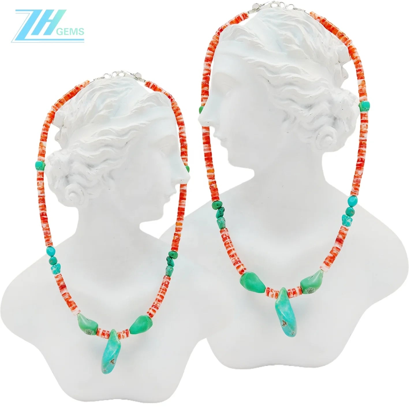 Spiny Oyster And Natural Turquoise Delicate Necklace Main Color Orange With Green Beautiful Gemstone Roundle Square Beads Summer