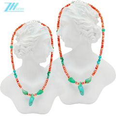 Spiny Oyster And Natural Turquoise Delicate Necklace Main Color Orange With Green Beautiful Gemstone Roundle Square Beads Summer