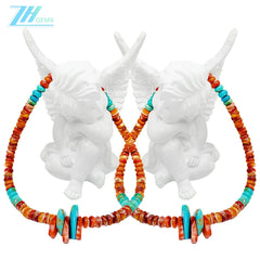 Natural Turquoise Aquamarine Roundle Beads With Milky Orange Spiny Oyster Gemstone Pendant Necklace Full Strand 16inch