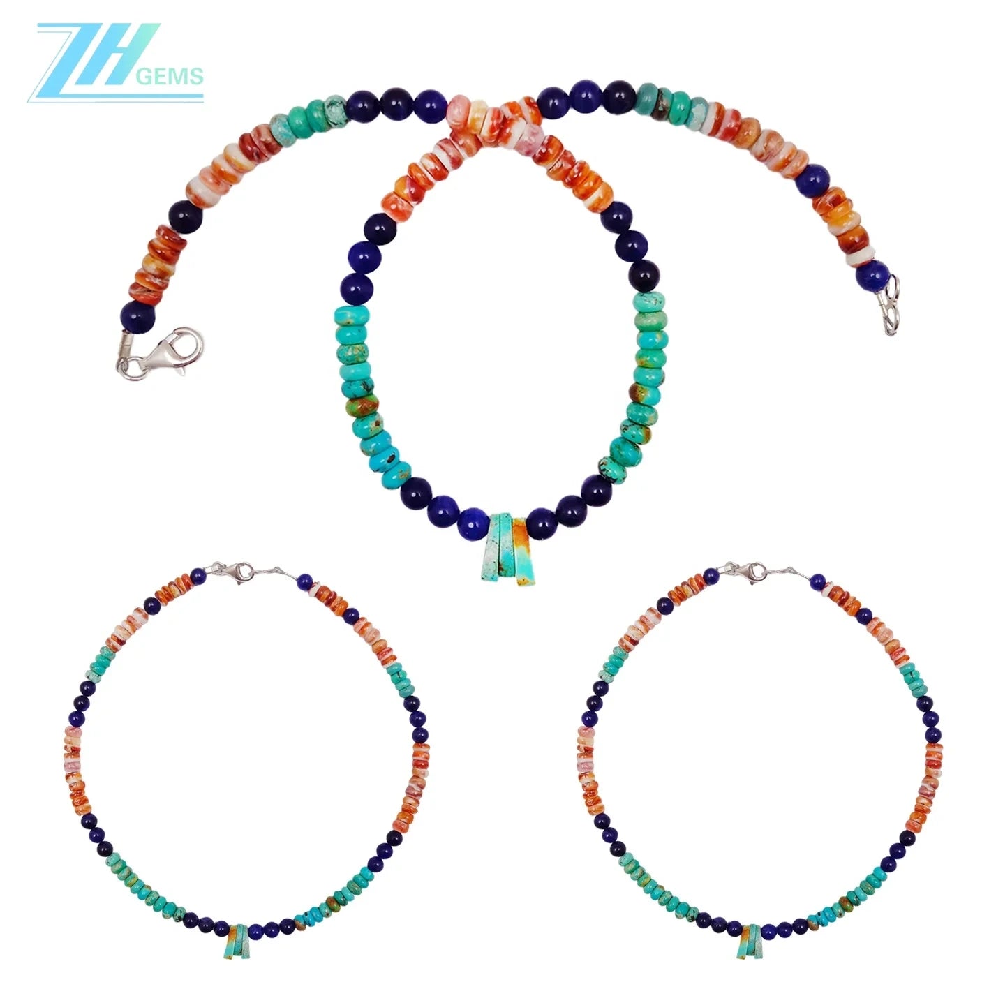 Natural Turquoise Drop And Sodalite With Spiny Oyster Handmade Jewelry Energy Bracelet With Natural Gemstone Beads