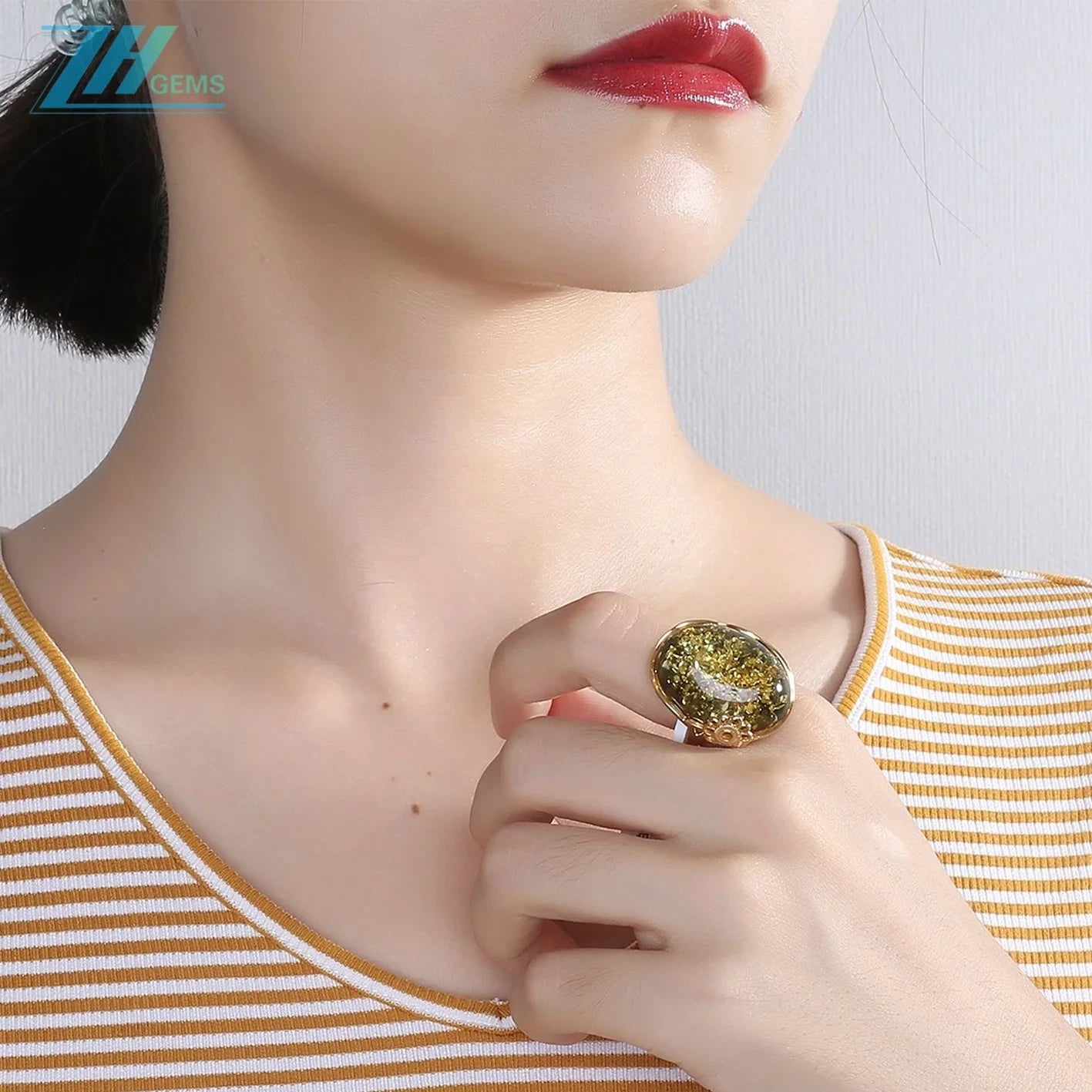 Large Leather Ring With Natural Honey Amber Raw Baltic Green Birthstone Healing Amber Oval Gemstone Protection