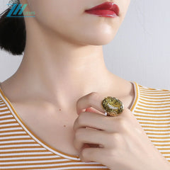 Large Leather Ring With Natural Honey Amber Raw Baltic Green Birthstone Healing Amber Oval Gemstone Protection