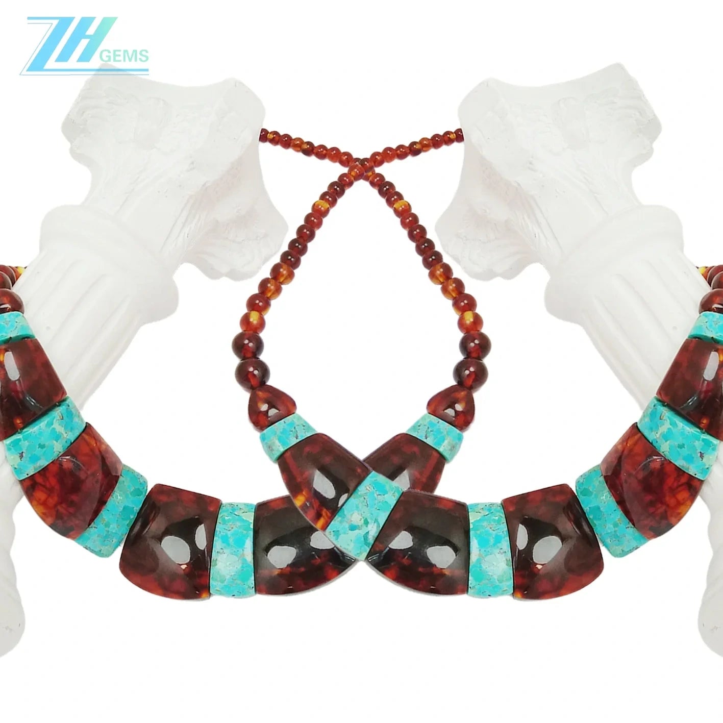 Amber Inset Natural Turquoise Big Necklace 33.3gram 16inch Red Amber Jewelry Many Gemstone Combination For Her