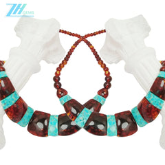 Amber Inset Natural Turquoise Big Necklace 33.3gram 16inch Red Amber Jewelry Many Gemstone Combination For Her