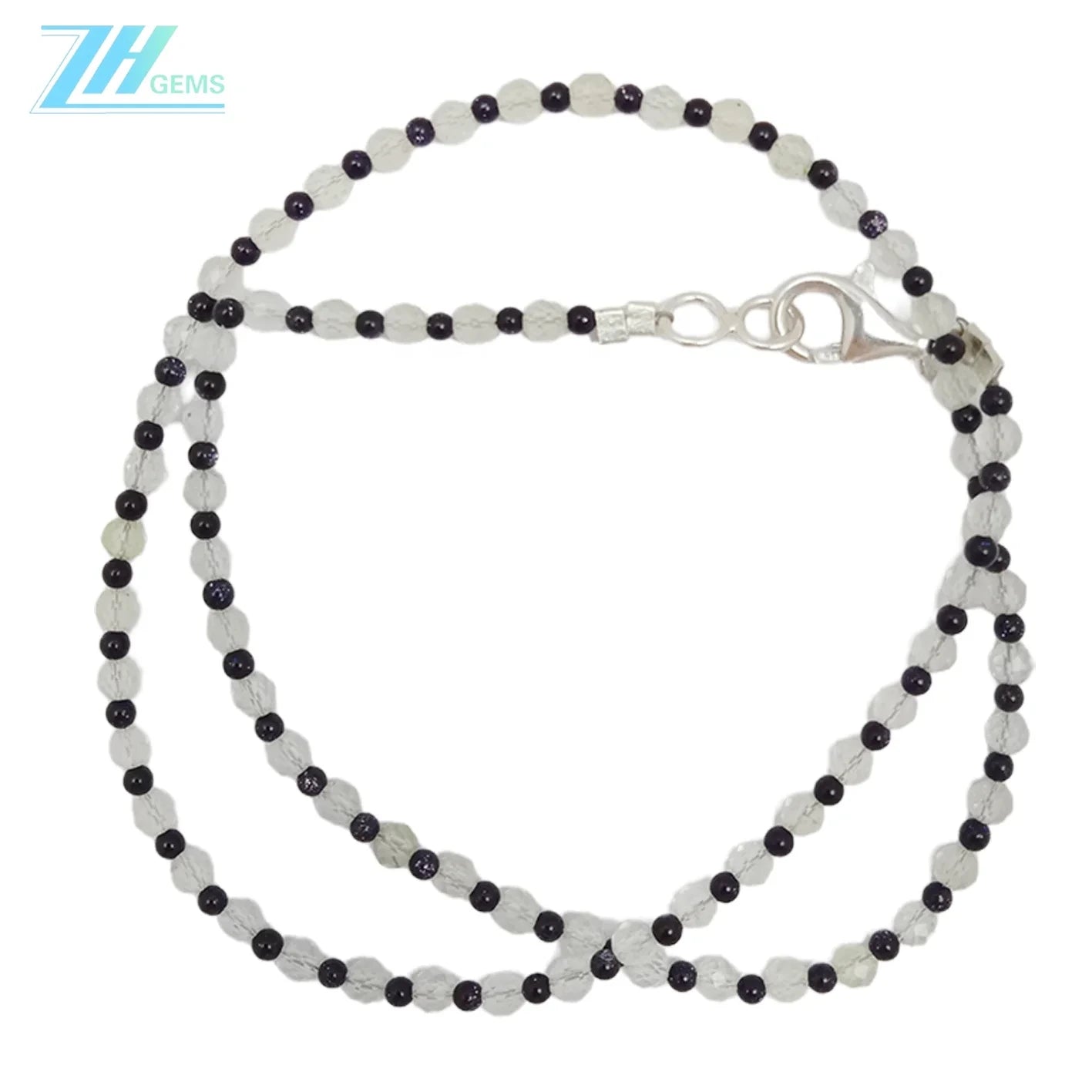 Prehnite Agate Black Beaded Necklace Transparency Gemstone 16inch 6g 925 Sterling Silver Chip Statement Necklace Gift For Her