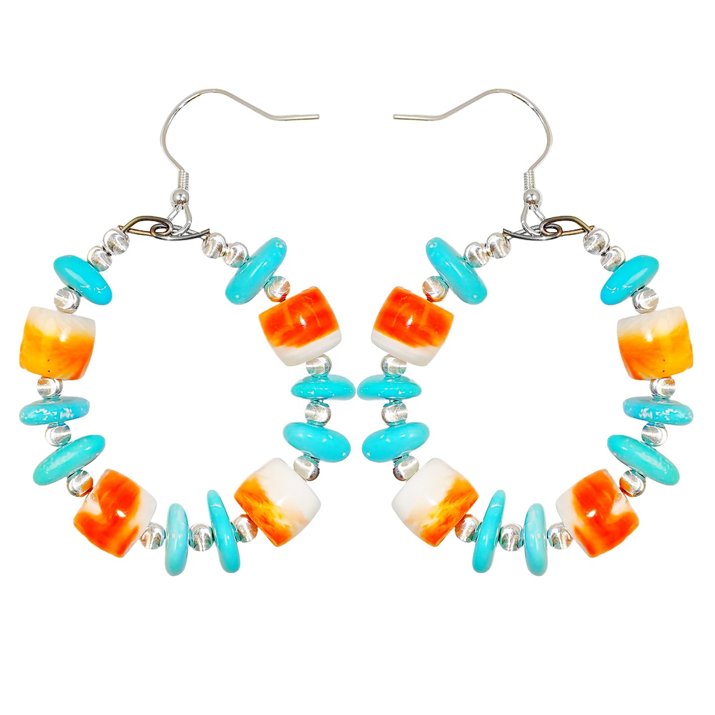 Earrings Are Made Of Natural Sterling Treatment Turquoise And Orange Spiny Oyster Decorated With Threaded Silver Beads