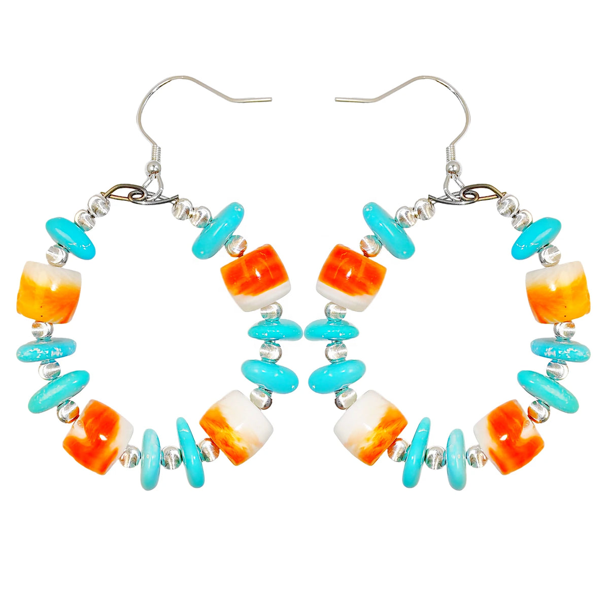 Earrings Are Made Of Natural Sterling Treatment Turquoise And Orange Spiny Oyster Decorated With Threaded Silver Beads