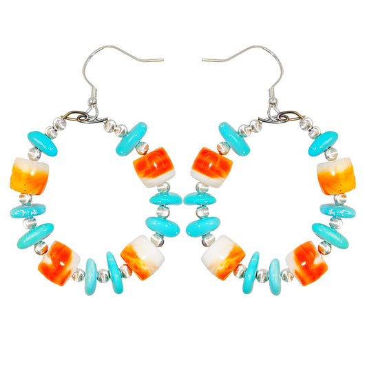 Earrings Are Made Of Natural Sterling Treatment Turquoise And Orange Spiny Oyster Decorated With Threaded Silver Beads