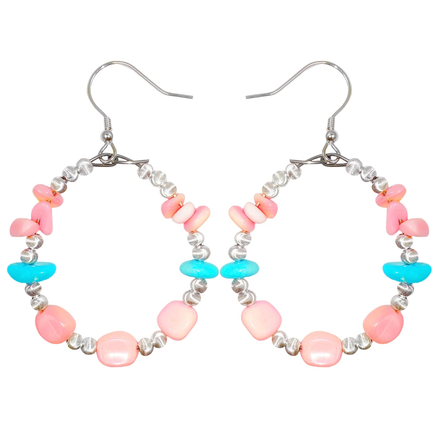 Natural Sterling Treatment Turquoise Earrings With Pink Opal Showing Feminine Beauty Flexible Earrings Sway Gracefully