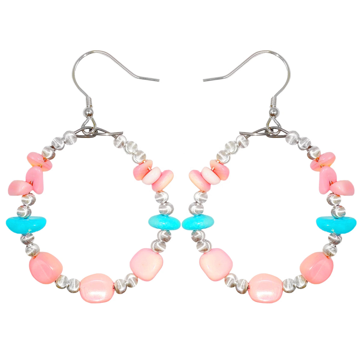 Natural Sterling Treatment Turquoise Earrings With Pink Opal Showing Feminine Beauty Flexible Earrings Sway Gracefully