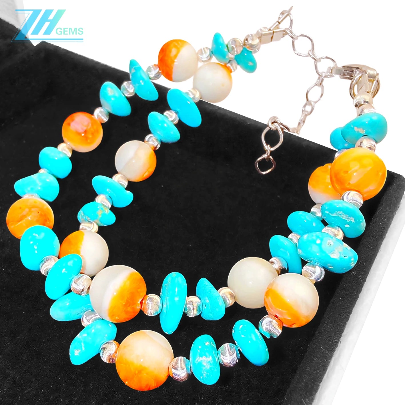 The S925 Silver Double Layer Bracelet Strings Sterling Treatment Turquoise And Natural Orange Spiny Oyster Like A