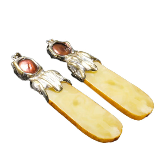 White Amber Earrings Big Stones Earrings Genuine White Baltic Amber Handmade Jewelry