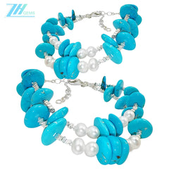 Goddess's Double Layer Natural Turquoise Bracelet For Women Delicate Natural Pearl & Turquoise Beautiful Silver Jewelry