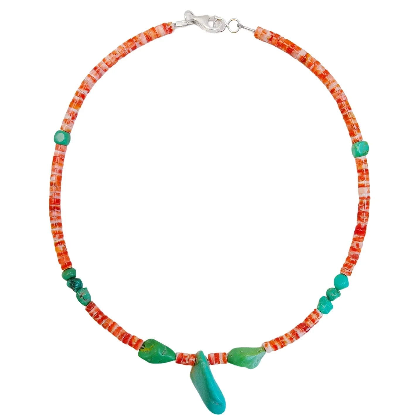 Spiny Oyster And Natural Turquoise Delicate Necklace Main Color Orange With Green Beautiful Gemstone Roundle Square Beads Summer