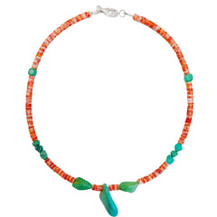 Spiny Oyster And Natural Turquoise Delicate Necklace Main Color Orange With Green Beautiful Gemstone Roundle Square Beads Summer