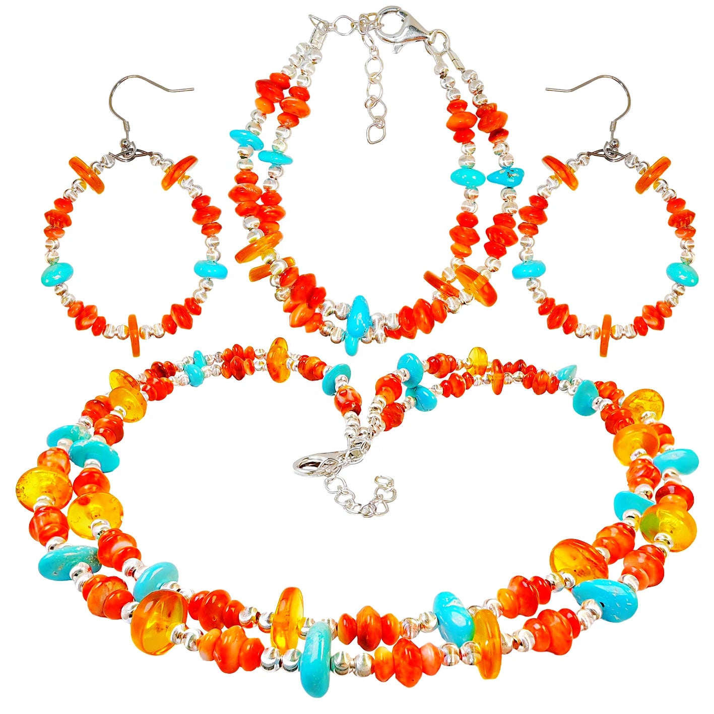 Sterling Treatment Turquoise And Orange Spiny Oyster Are Strung Into A Set By S925 Silver