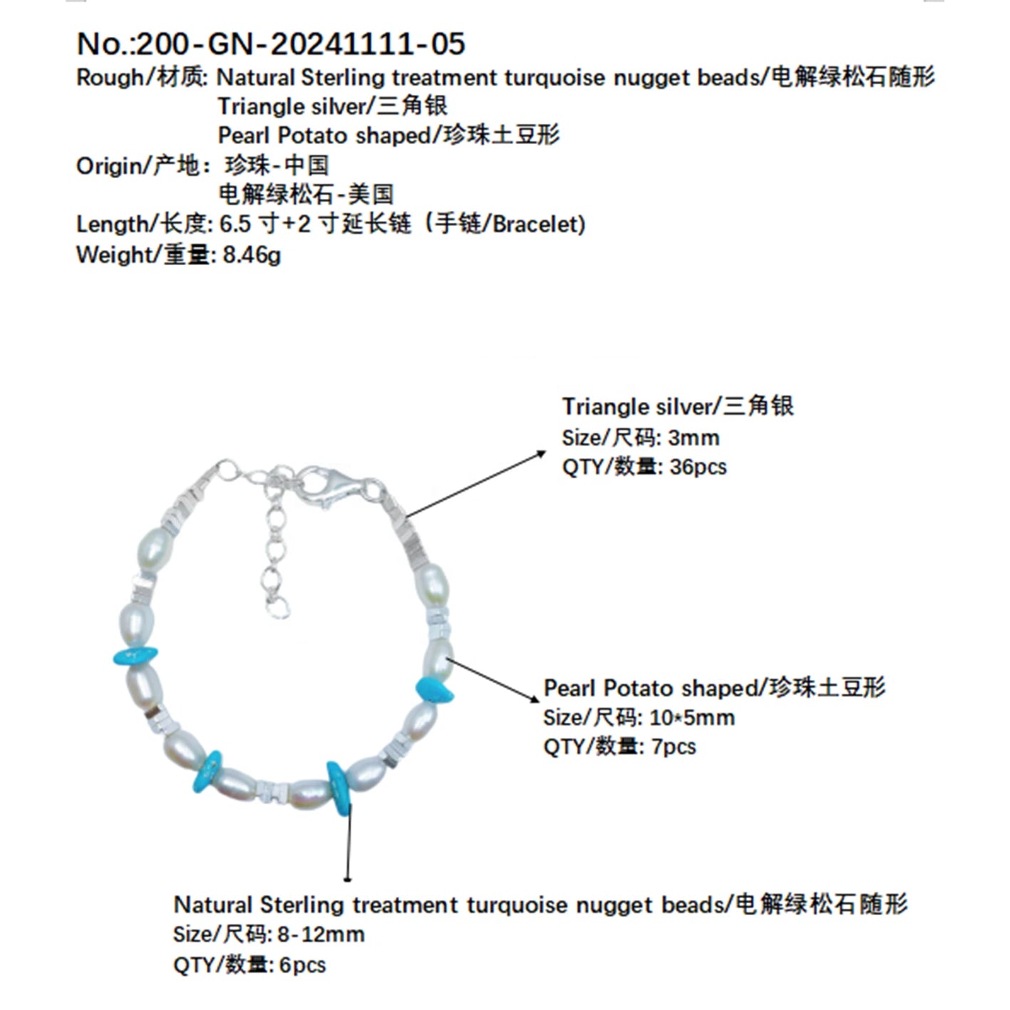 Turquoise Pearl Bracelet S925 Silver Fashion Women's Jewelry Designer Custom Natural Pearl Silver Beads Holiday Gifts