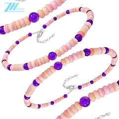 Natural Amethyst Beads And Natural Pink Pink Opal Roundel Necklace Women's Jewelry Boutique Handmade