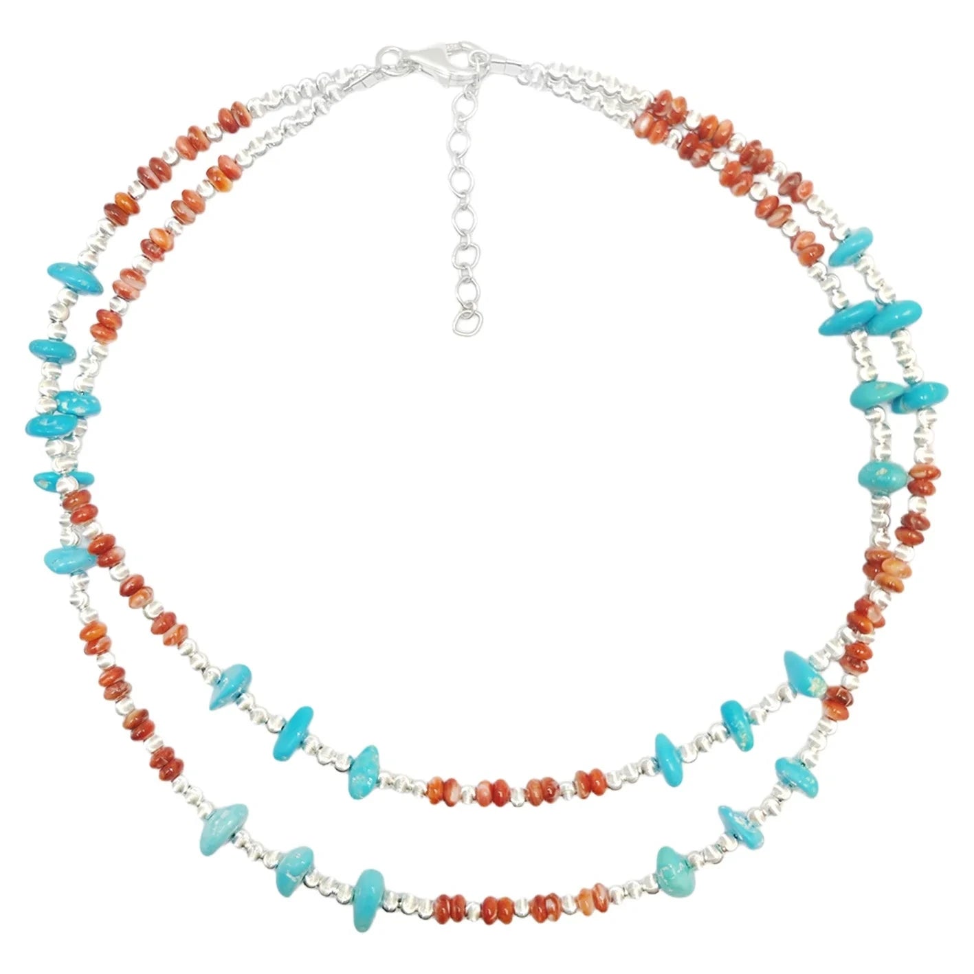 Natural Red Spiny Oyster & Turquoise Premium Women's Double Necklace With Delicate S925 Silver & Natural