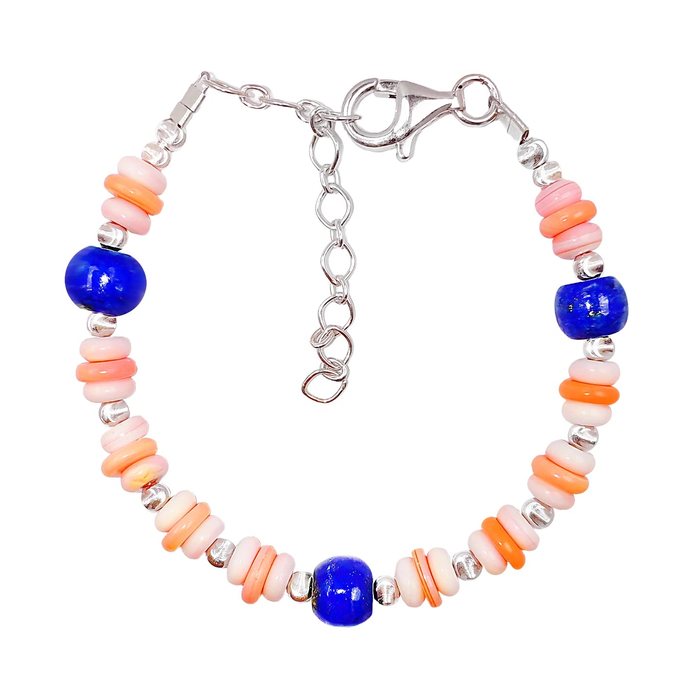 Natural High Quality Lapis Lazuli And Pink Opal Jewelry Bracelet 6.5 Inch S925 Silver Spring New