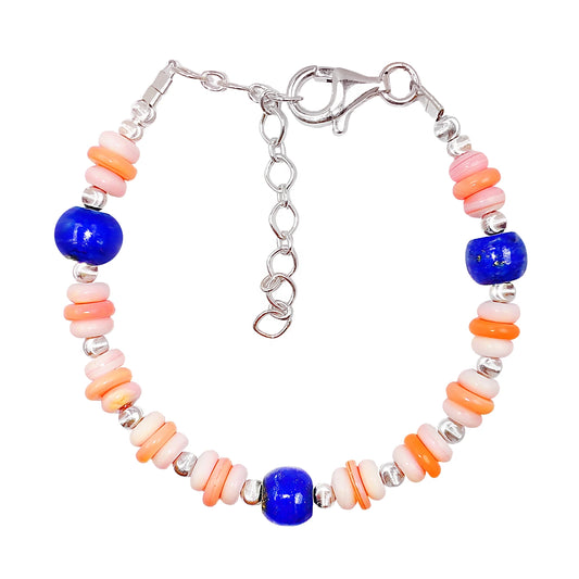 Natural High Quality Lapis Lazuli And Pink Opal Jewelry Bracelet 6.5 Inch S925 Silver Spring New
