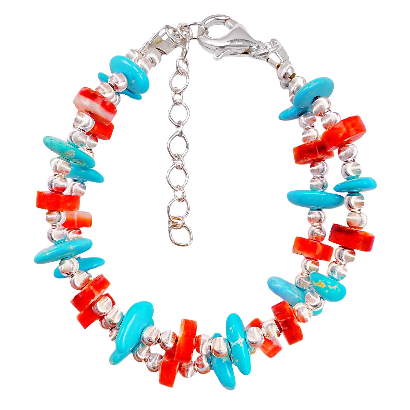 Natural Red Spiny Oyster And Sterling Treatment Turquoise Meet On The Double Layer Bracelet Interweaving A Mysterious