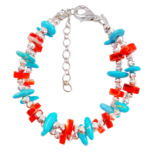 Natural Red Spiny Oyster And Sterling Treatment Turquoise Meet On The Double Layer Bracelet Interweaving A Mysterious