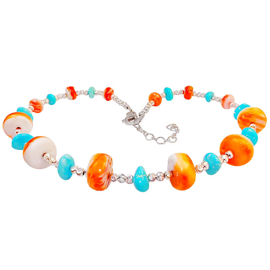 Necklace Features S925 Silver Beads Strung With Natural Sterling Treatment Turquoise And Accented With Orange Spiny Oyster