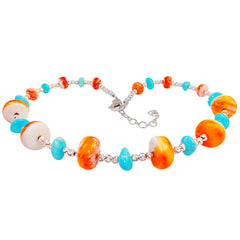 Necklace Features S925 Silver Beads Strung With Natural Sterling Treatment Turquoise And Accented With Orange Spiny Oyster
