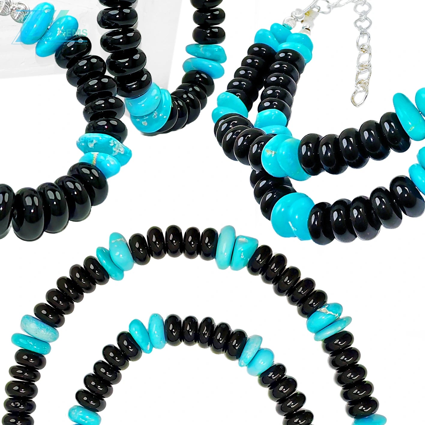 Obsidian S925 Silver Sterling Treatment Turquoise Create Set Double Design Unifies Style Comprehensively Fashionable Mysterious
