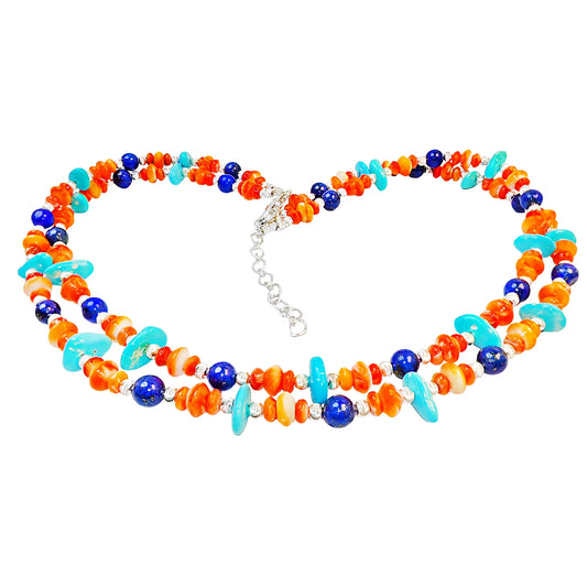 Double Layer Necklace Features Sterling Treatment Turquoise And Lapis Lazuli Strung By S925 Faceted Silver Beads