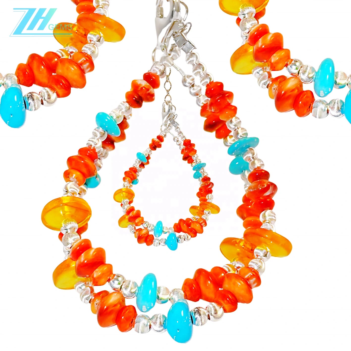 Natural Orange Spiny Oyster Amber And Turquoise Meet On The S925 Silver Double Layer Bracelet Weaving A Unique