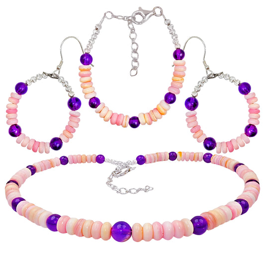 Amethyst & Natural Pink Opal Jewelry Set 3 Piece Set Necklace Bracelet Earring Set The Perfect Combination Of Natural