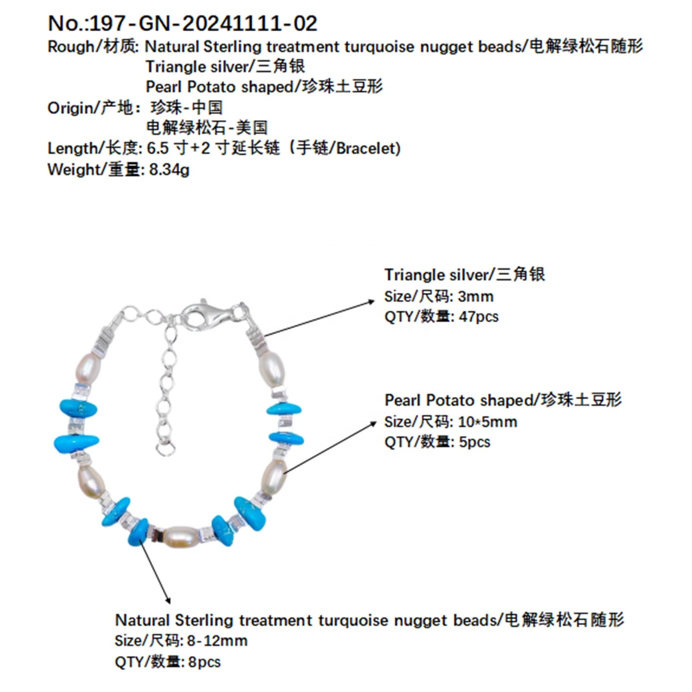 Popular S925 Silver & Natural Turquoise With Pearl High Quality Bracelet Hot Selling Triangle Silver Bracelet