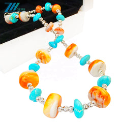 Necklace Features S925 Silver Beads Strung With Natural Sterling Treatment Turquoise And Accented With Orange Spiny Oyster