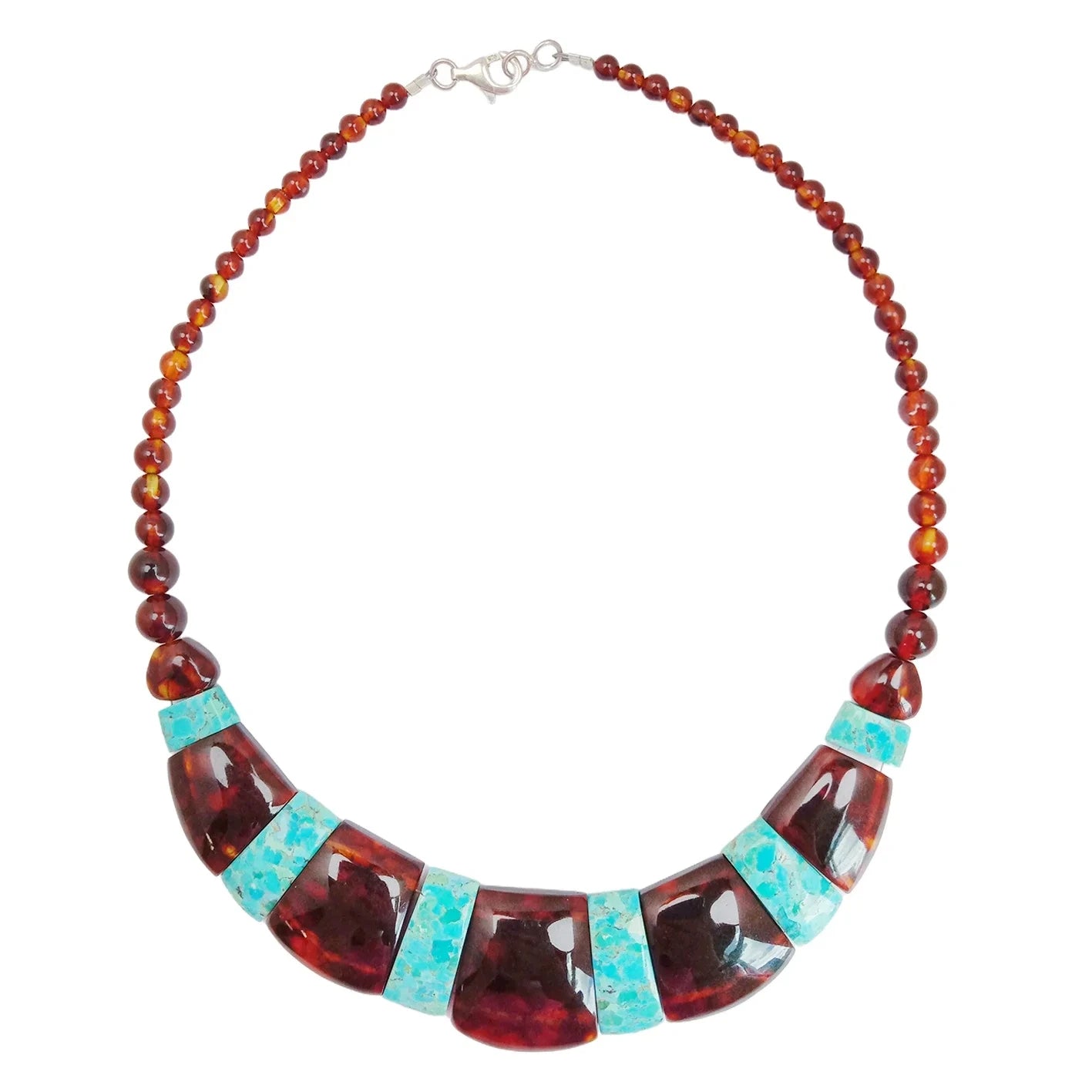 Amber Inset Natural Turquoise Big Necklace 33.3gram 16inch Red Amber Jewelry Many Gemstone Combination For Her
