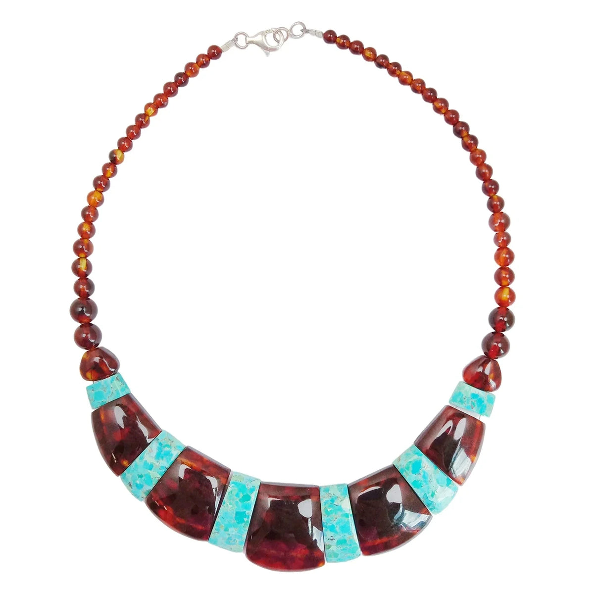 Amber Inset Natural Turquoise Big Necklace 33.3gram 16inch Red Amber Jewelry Many Gemstone Combination For Her
