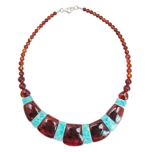 Amber Inset Natural Turquoise Big Necklace 33.3gram 16inch Red Amber Jewelry Many Gemstone Combination For Her