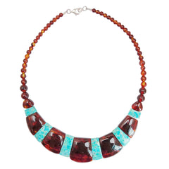 Amber Inset Natural Turquoise Big Necklace 33.3gram 16inch Red Amber Jewelry Many Gemstone Combination For Her