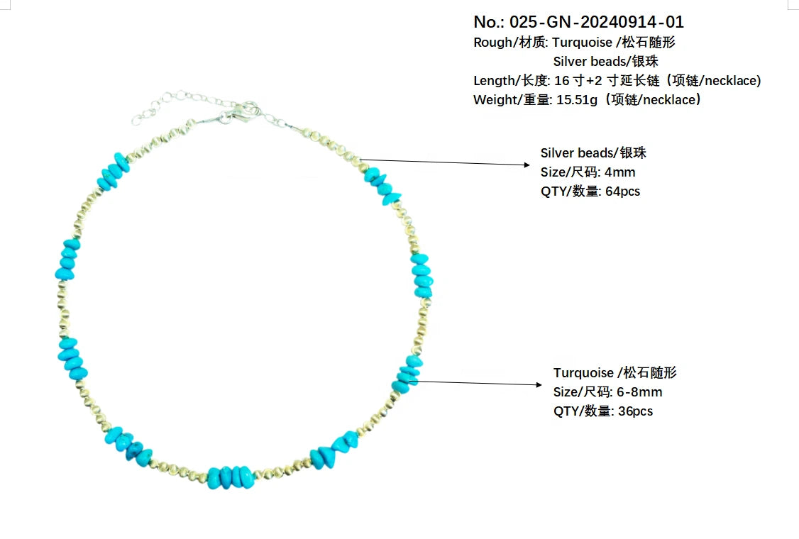 Hot Selling Sleeping Beauty Mine Natural Sterling Treatment Turquoise Necklace S925 Silver Beads Retro Unisex Jewelry