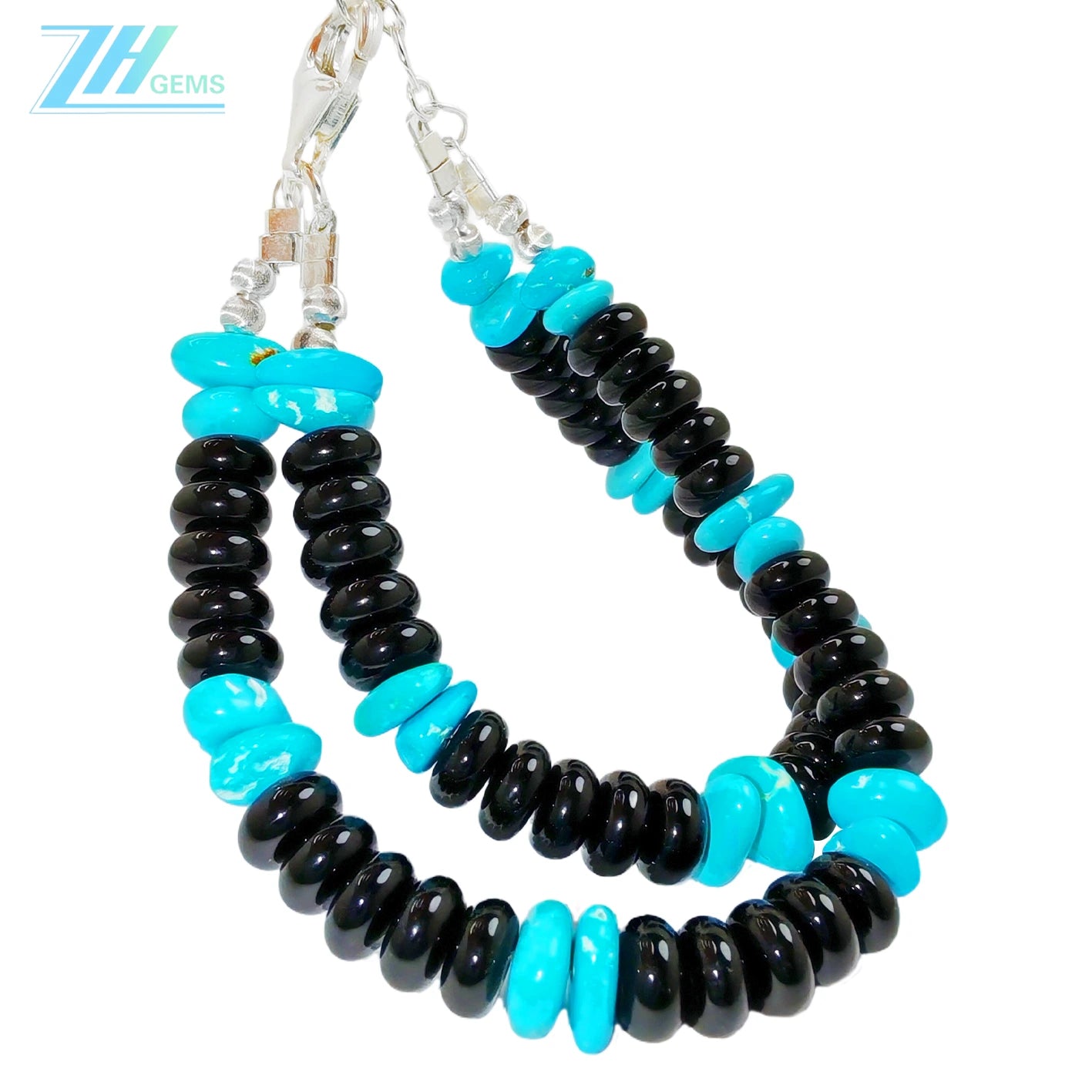 Natural Obsidian Abacus Shaped Beads And Sterling Treatment Turquoise Meet On The Double Layer Bracelet Creating Wrist Styl