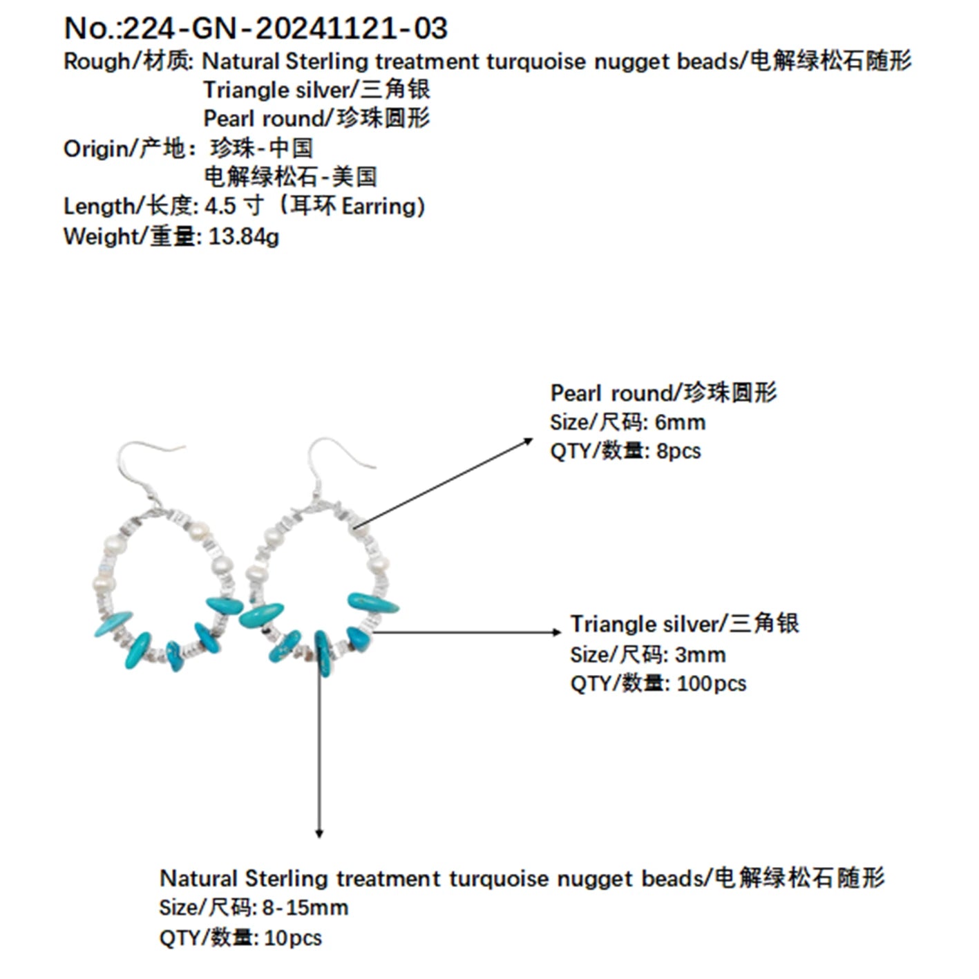 Pearl Earrings Turquoise Natural Earrings S925 Silver Women's Jewelry Best Selling Designer Custom Beauty Jewelry