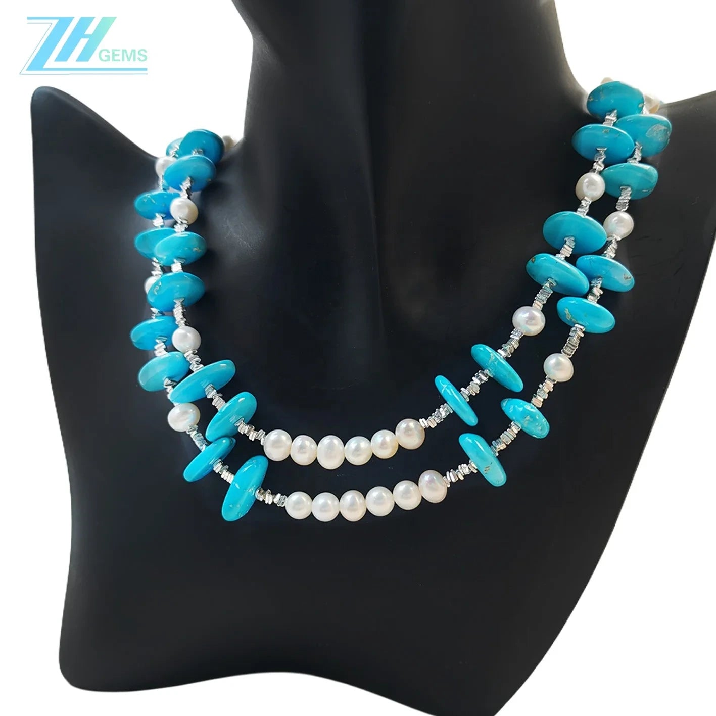 Double Natural Pearl and Turquoise Premium Women's necklace with delicate S925 silver and natural gemstones beauty jewelry necklace